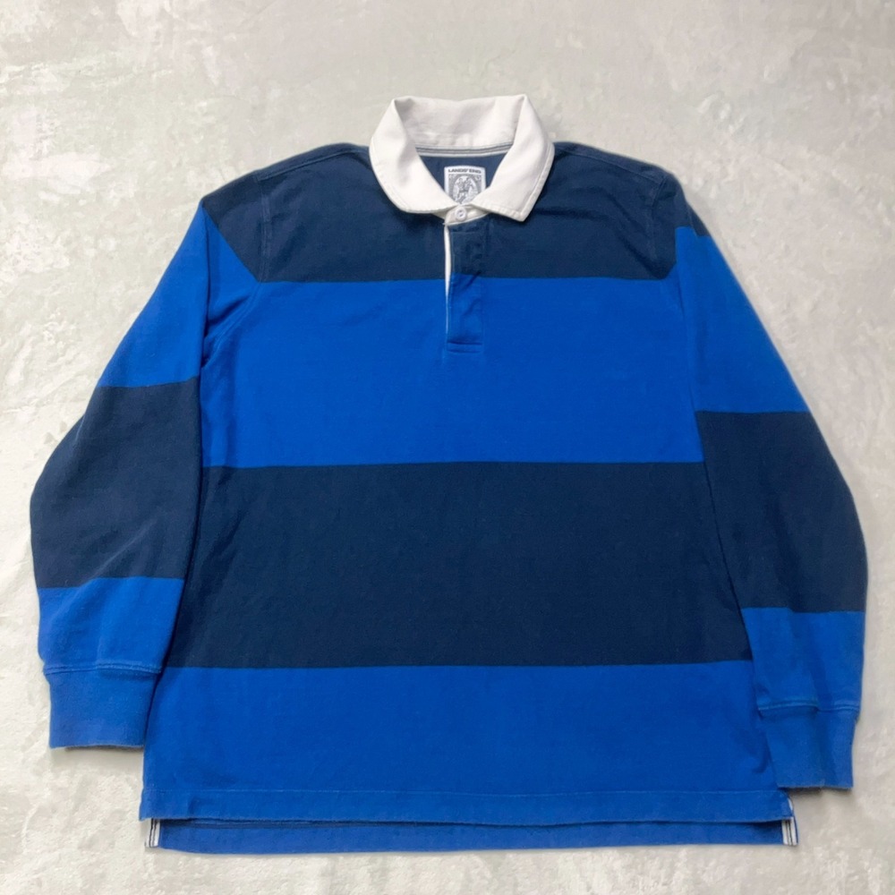Vintage Lands End Rugby Shirt Mens L Blue Cotton Long Sleeve Polo Preppy Y2K